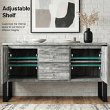 [Grey] Millwright sideboard with both doors open showing adjustable shelf positions and internal storage bays