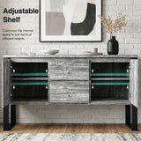 [Grey] Millwright sideboard with both doors open showing adjustable shelf positions and internal storage bays