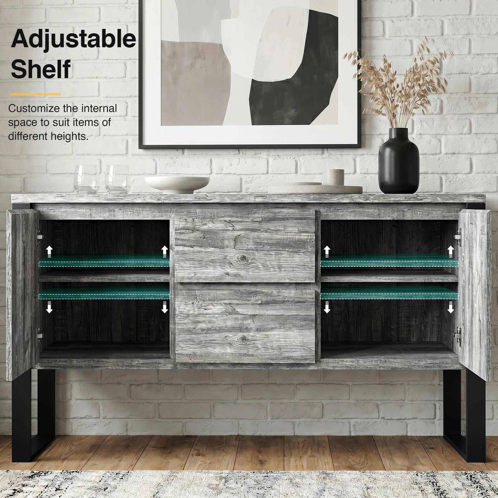 [Grey] Millwright sideboard with both doors open showing adjustable shelf positions and internal storage bays
