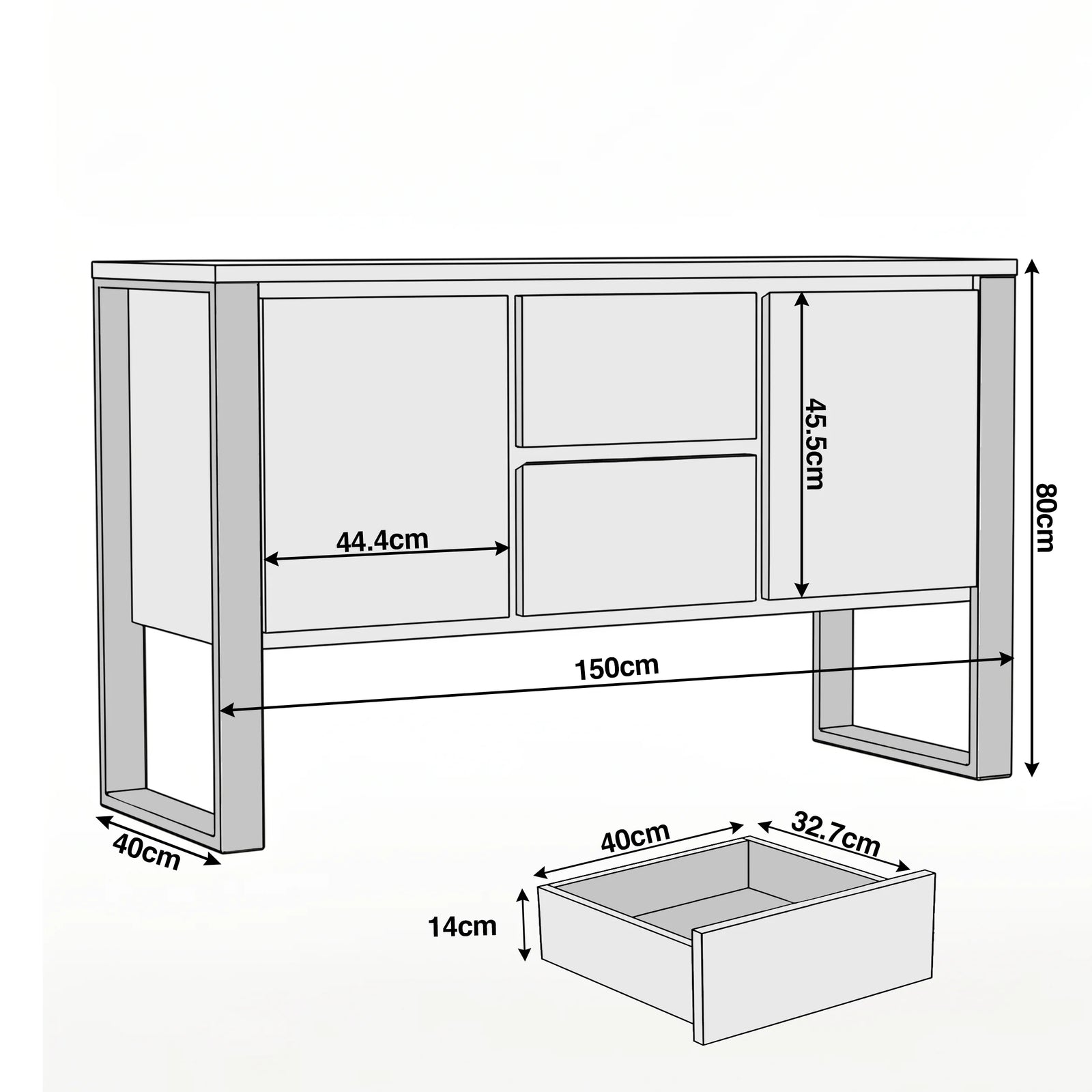 [Grey] Millwright industrial sideboard dimensions: 150W x 40D x 80H; drawer 40W x 32.7D x 14H cm