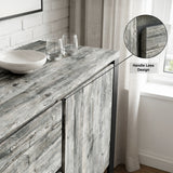 [Grey] Millwright sideboard close-up showing handleless door edge and grey wood-effect top surface