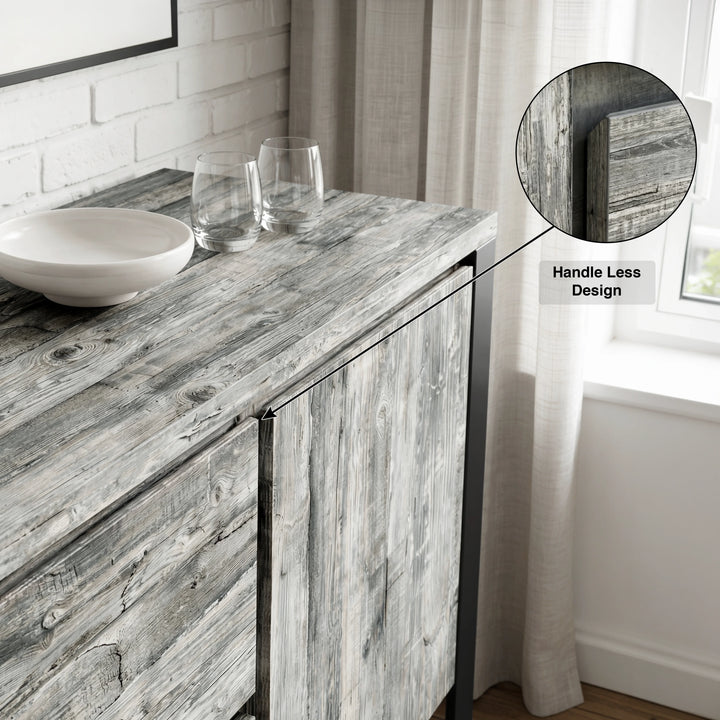 [Grey] Millwright sideboard close-up showing handleless door edge and grey wood-effect top surface