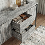 [Grey] Millwright sideboard drawers pulled open showing handless drawer storage and grey wood-effect finish