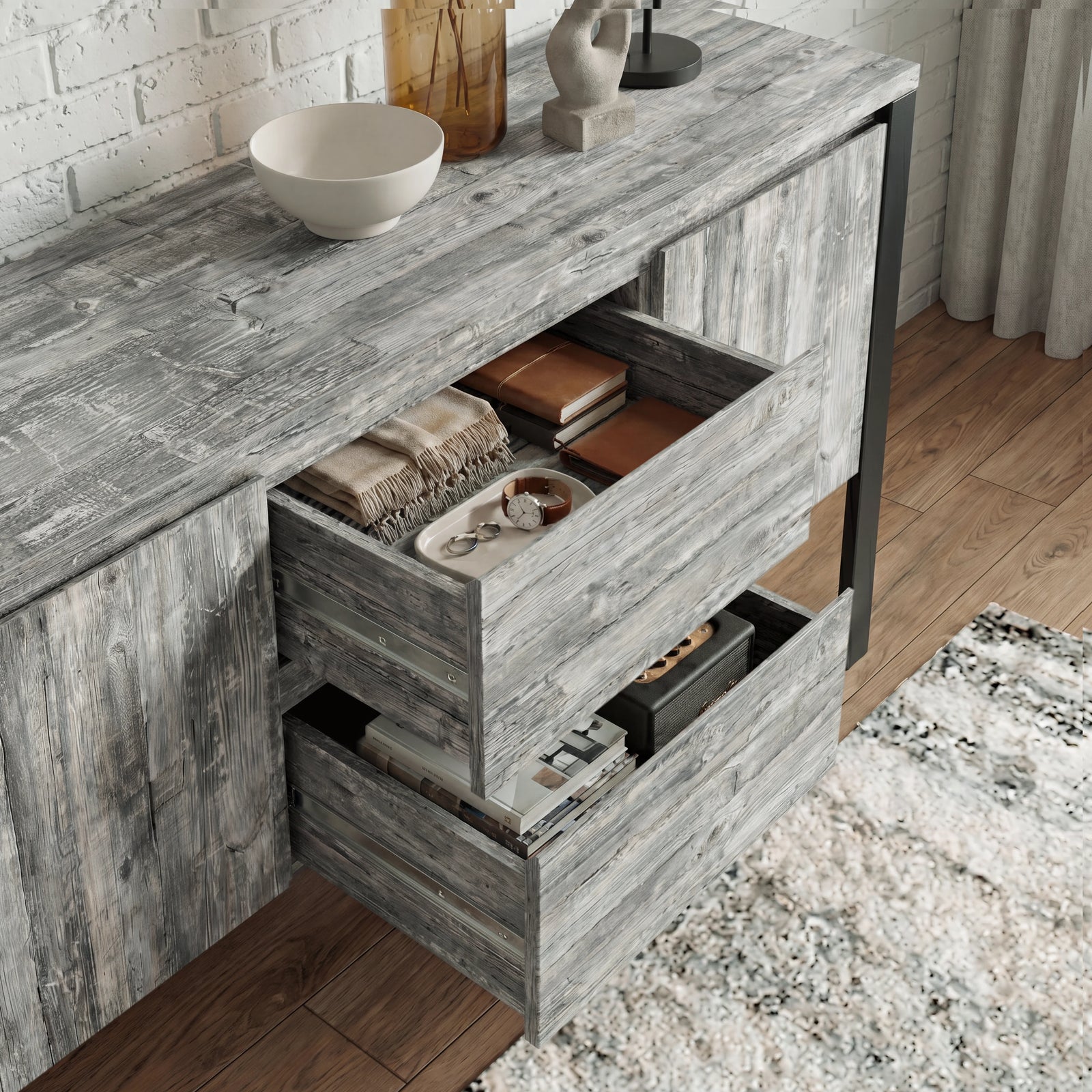 [Grey] Millwright sideboard drawers pulled open showing handless drawer storage and grey wood-effect finish