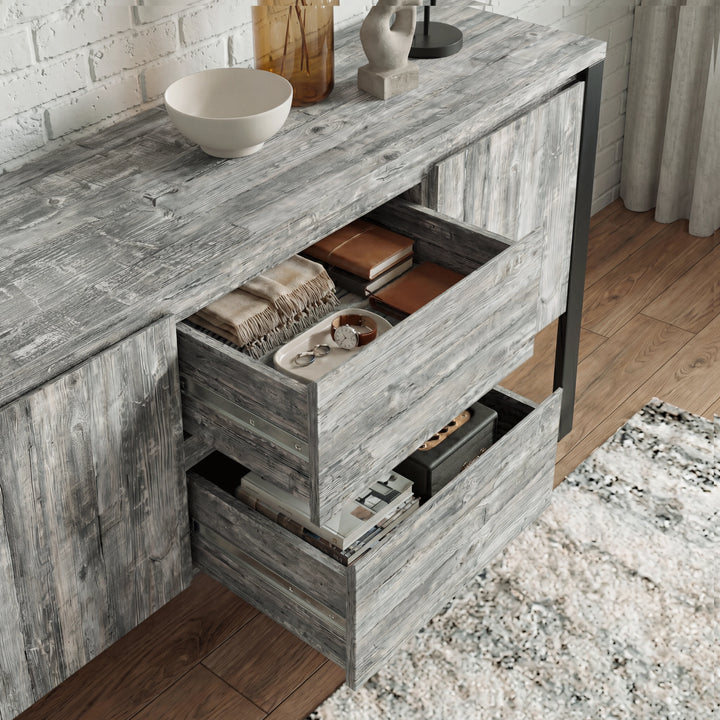 [Grey] Millwright sideboard drawers pulled open showing handless drawer storage and grey wood-effect finish