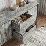[Grey] Millwright sideboard drawers pulled open showing handless drawer storage and grey wood-effect finish