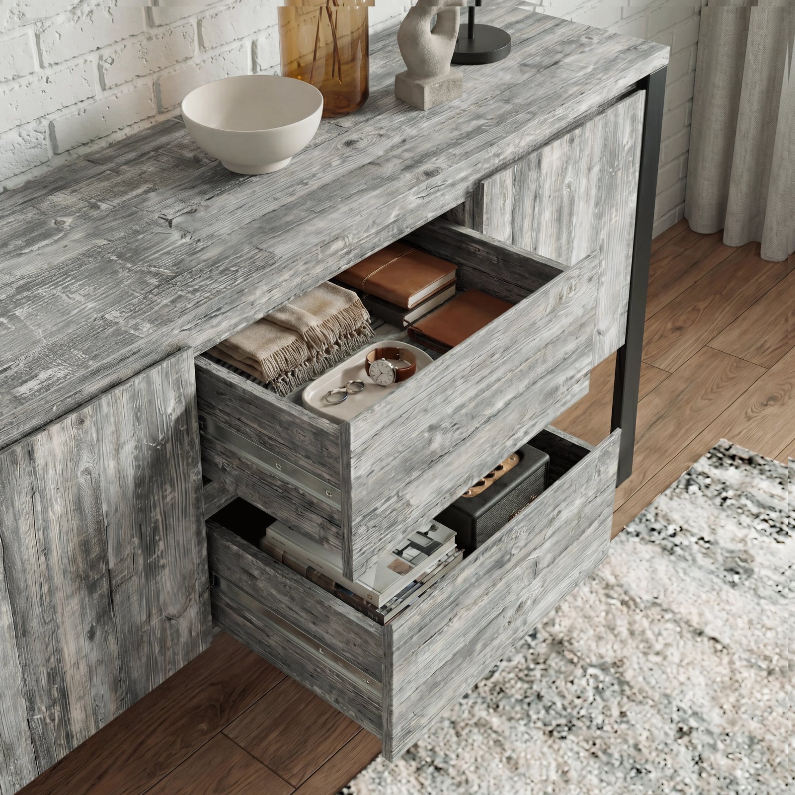 [Grey] Millwright sideboard drawers pulled open showing handless drawer storage and grey wood-effect finish