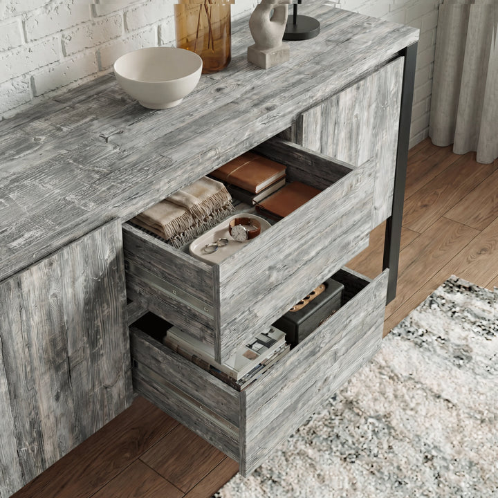 [Grey] Millwright sideboard drawers pulled open showing handless drawer storage and grey wood-effect finish