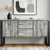 [Grey] Millwright large industrial sideboard straight front view with handleless doors, drawers, and hanging effect