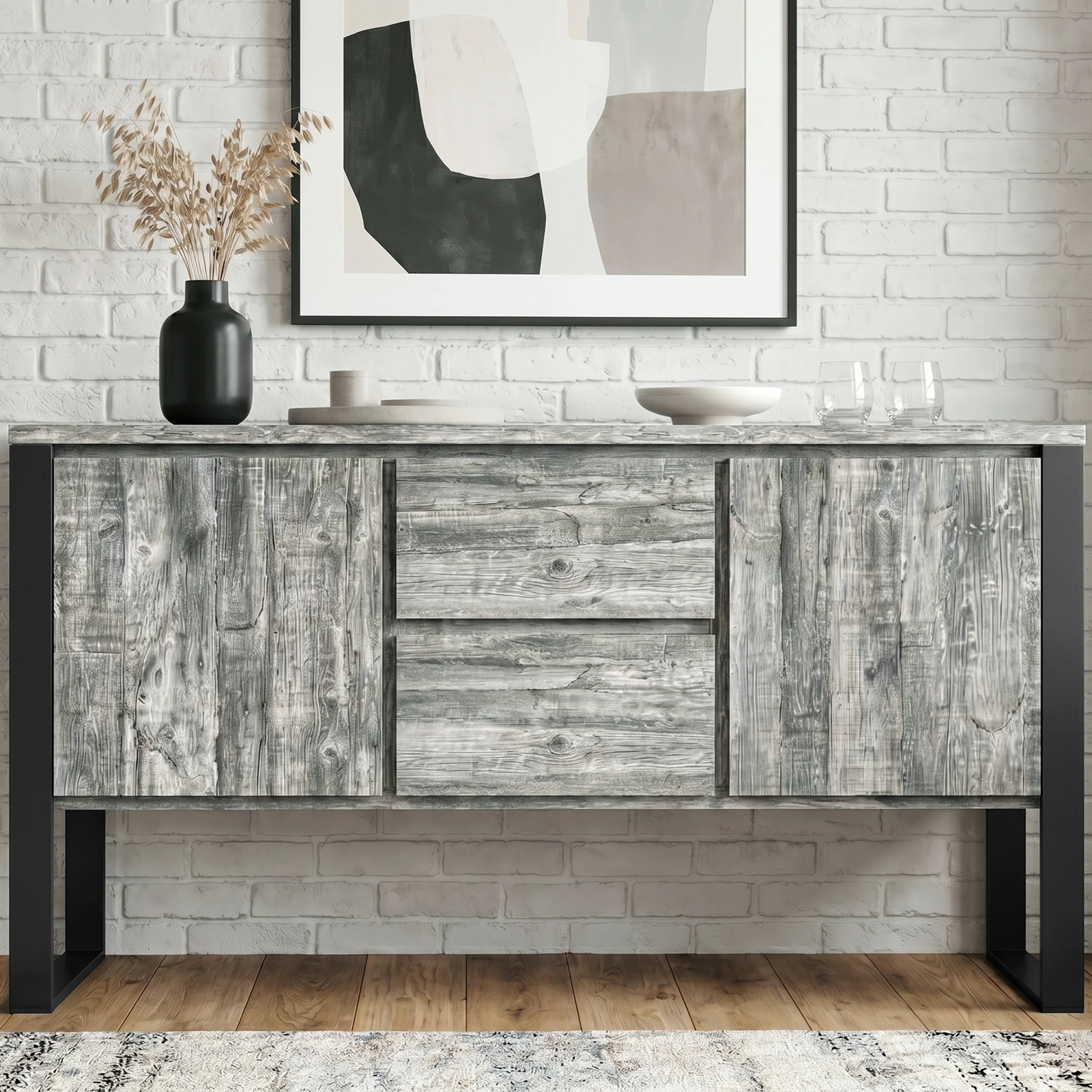 [Grey] Millwright large industrial sideboard straight front view with handleless doors, drawers, and hanging effect