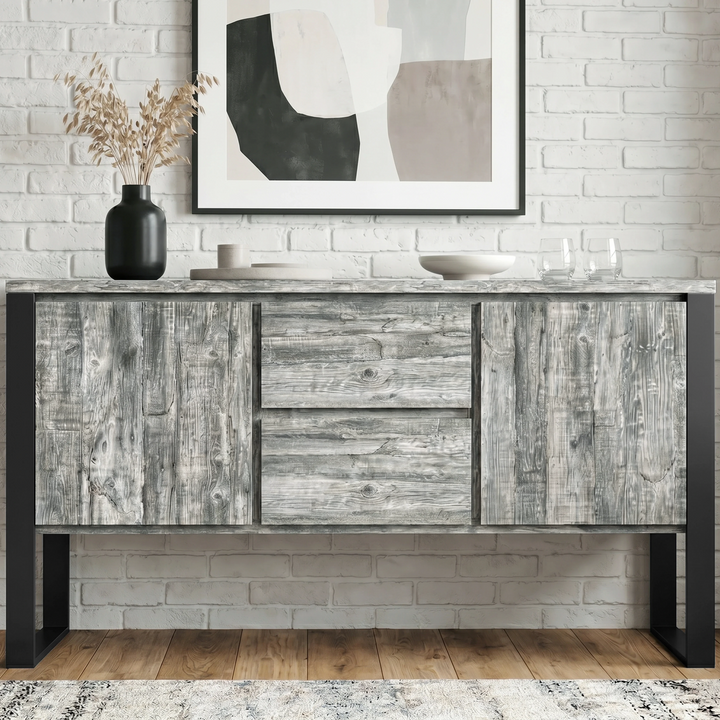 [Grey] Millwright large industrial sideboard straight front view with handleless doors, drawers, and hanging effect