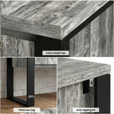 [Grey] Millwright sideboard detail collage showing 2.5cm top, 6cm wide iron leg, and anti-tipping kit