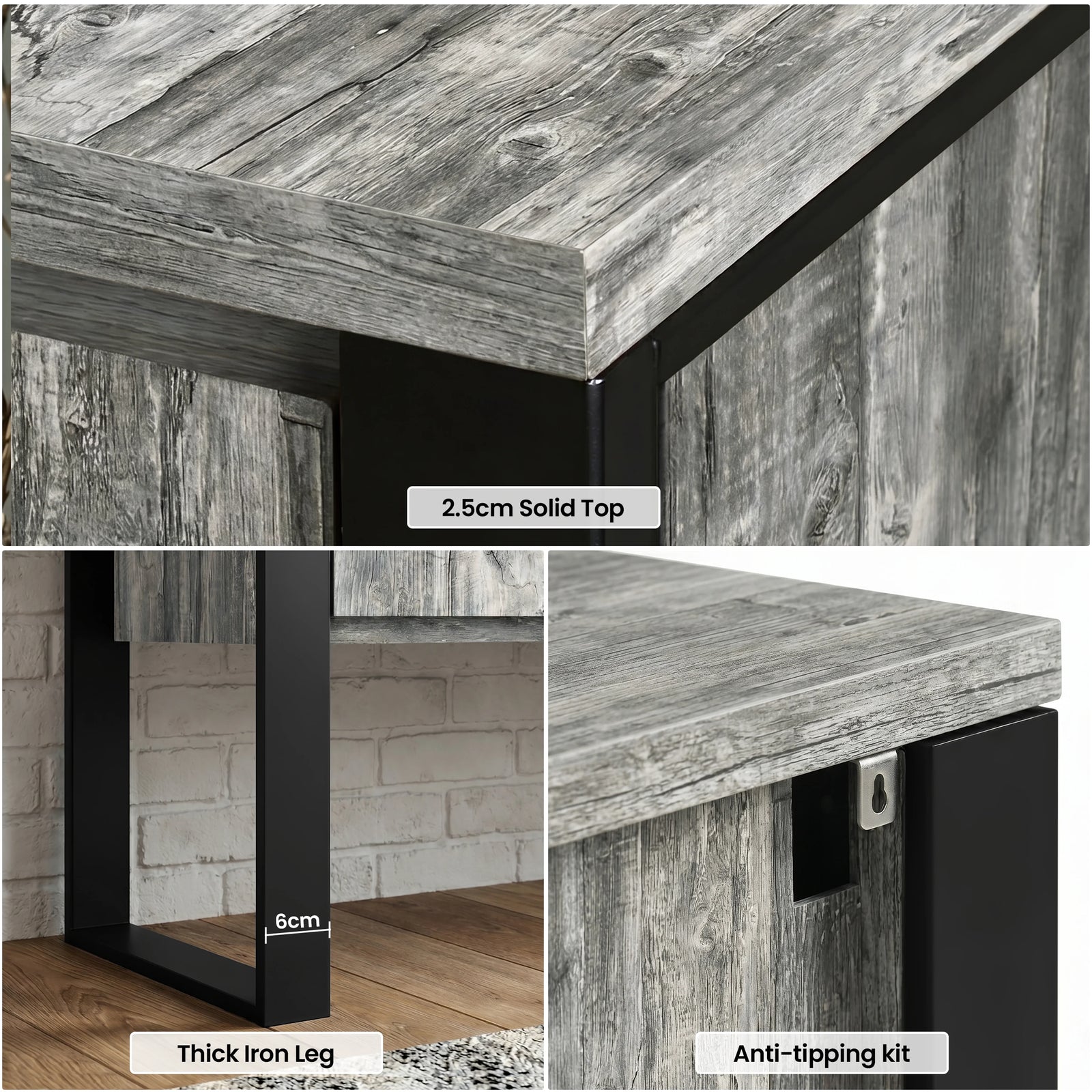 [Grey] Millwright sideboard detail collage showing 2.5cm top, 6cm wide iron leg, and anti-tipping kit