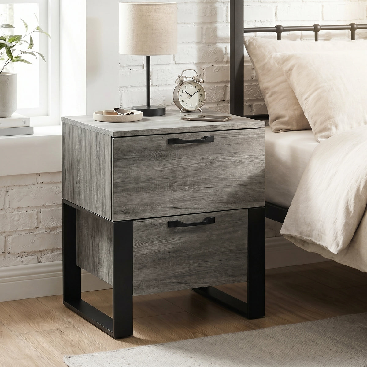 Millwright Industrial 2 Drawer Bedside Table Wooden Effect