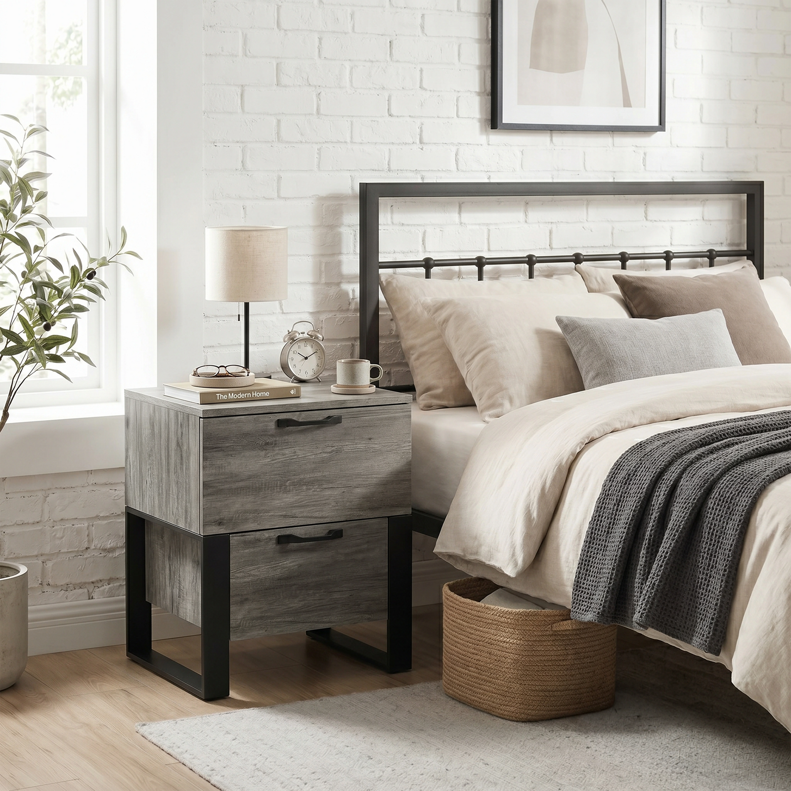 [Wooden Grey] Millwright industrial 2-drawer bedside table placed near a window and beside the metal beds in a bright room