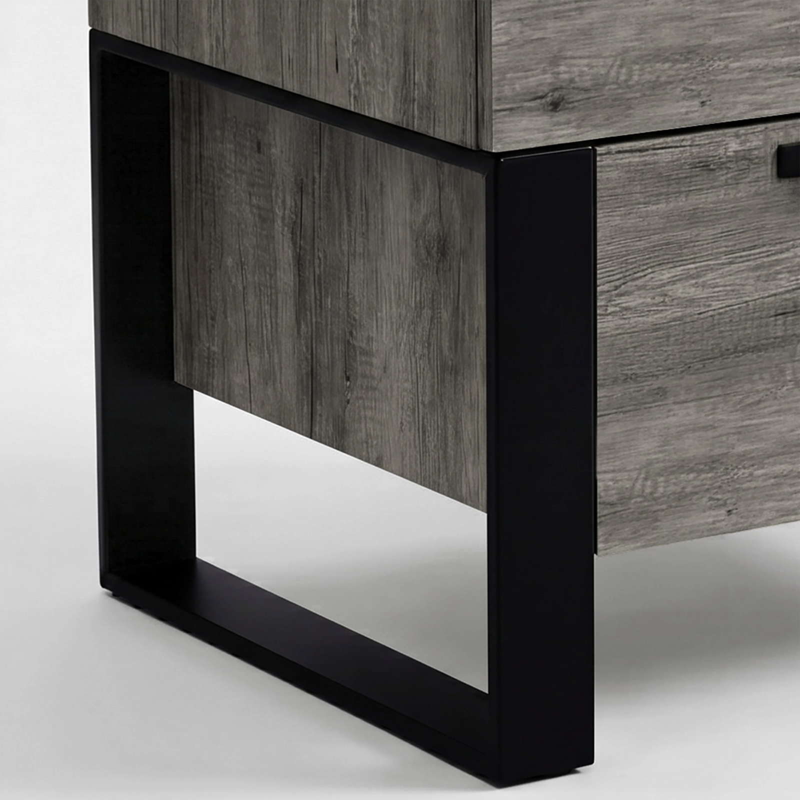 [Wooden Grey] Close-up of Millwright industrial 2-drawer bedside table 60mm black base legs giving the hanging effect