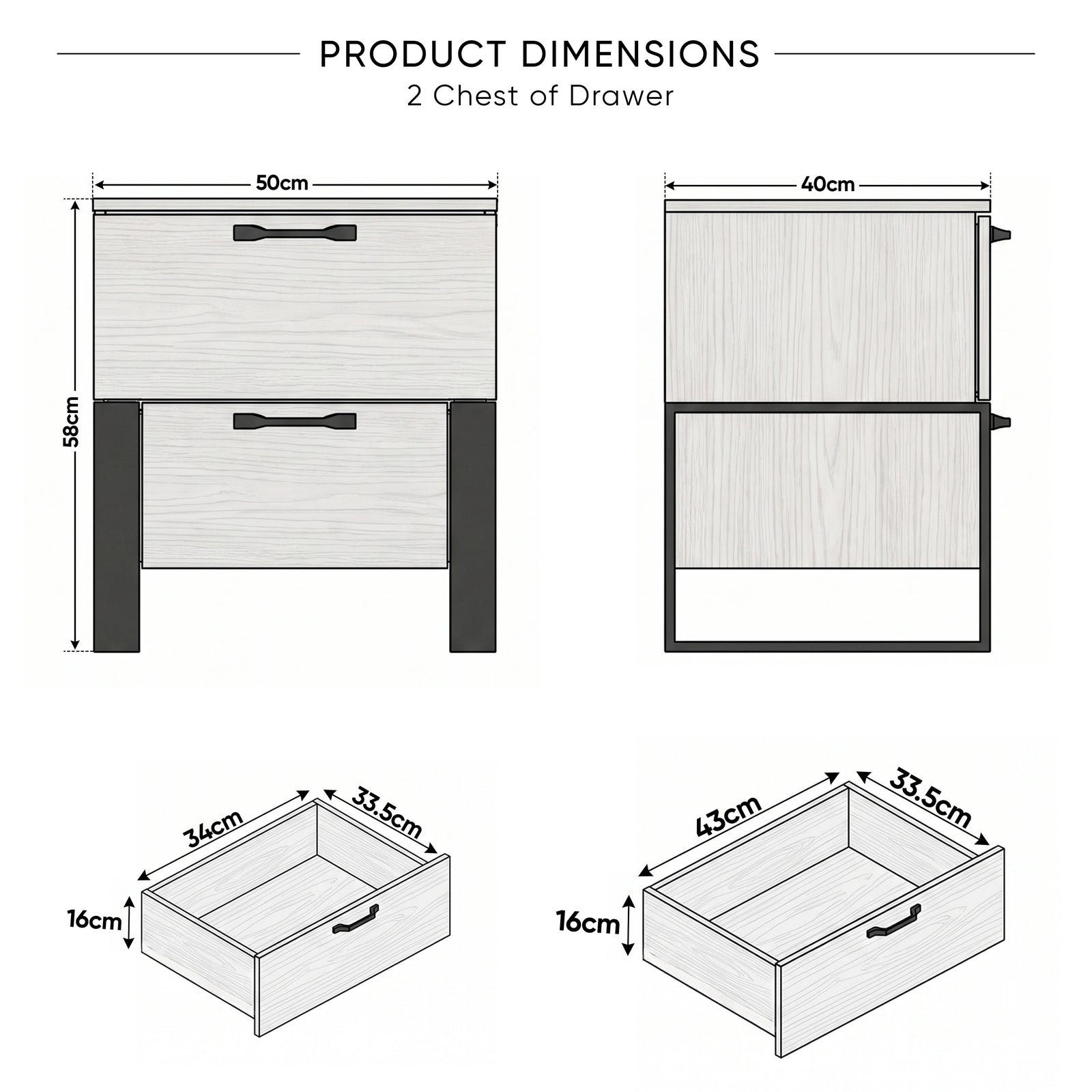 [Wooden Grey] Size guide of Millwright bedside table 50W x 40D x 58H cm; drawers 34W x 33.5D x 16H and 43W x 33.5D x 16H cm