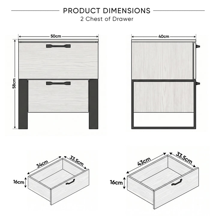 [Wooden Grey] Size guide of Millwright bedside table 50W x 40D x 58H cm; drawers 34W x 33.5D x 16H and 43W x 33.5D x 16H cm