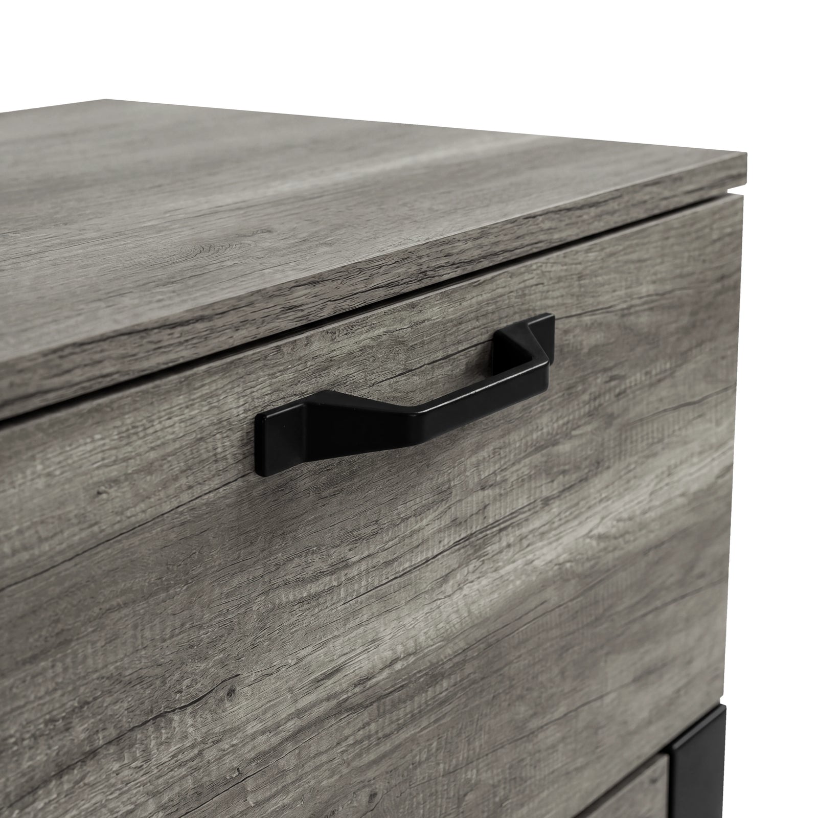 [Wooden Grey] Close-up of Millwright industrial 2-drawer bedside table drawer front with black handle
