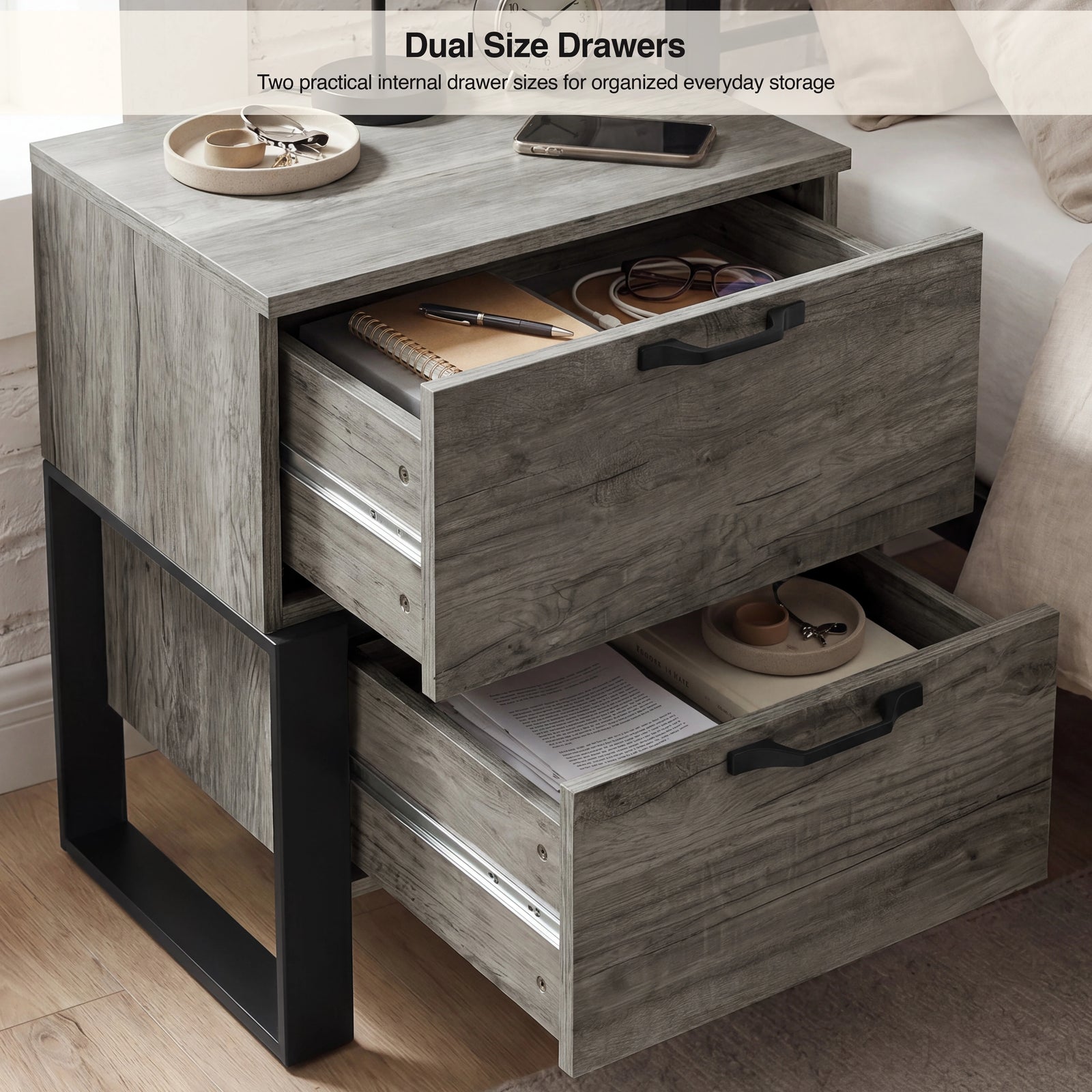 [Wooden Grey] High angle view of both drawers open of Millwight bedside table with text that reads "Dual Size Drawers"