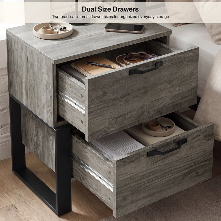 [Wooden Grey] High angle view of both drawers open of Millwight bedside table with text that reads "Dual Size Drawers"