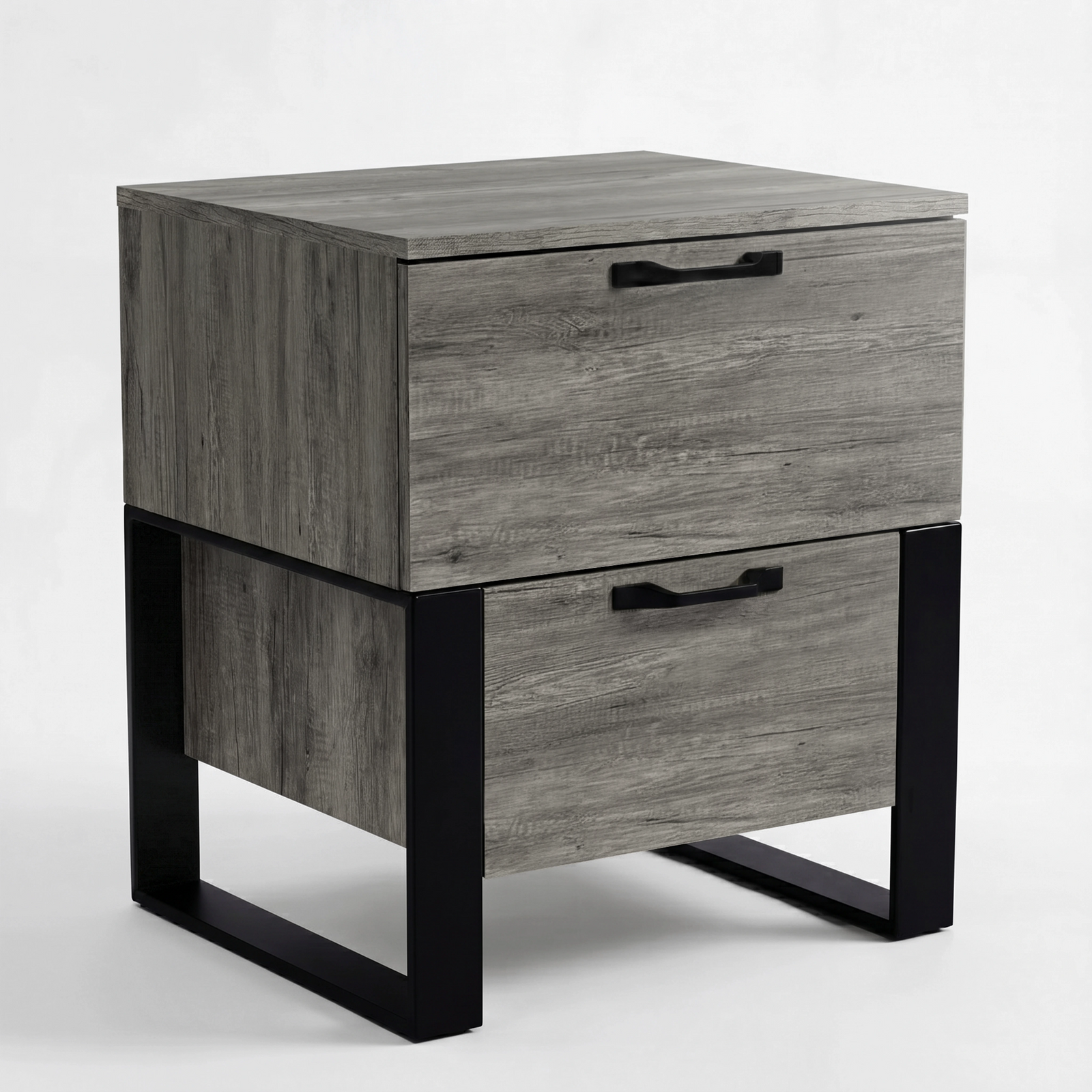 [Wooden Grey] Millwright wooden grey industrial 2-drawer bedside table with a white background from a front angled view