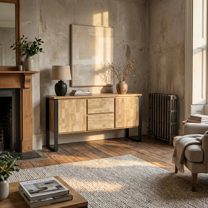 [Mango Wood Effect] Millwright industrial large sideboard styled in a full living room beside a fireplace