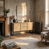 [Mango Wood Effect] Millwright industrial large sideboard styled in a full living room beside a fireplace