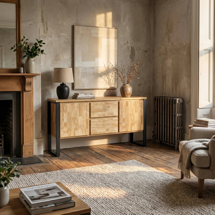 [Mango Wood Effect] Millwright industrial large sideboard styled in a full living room beside a fireplace