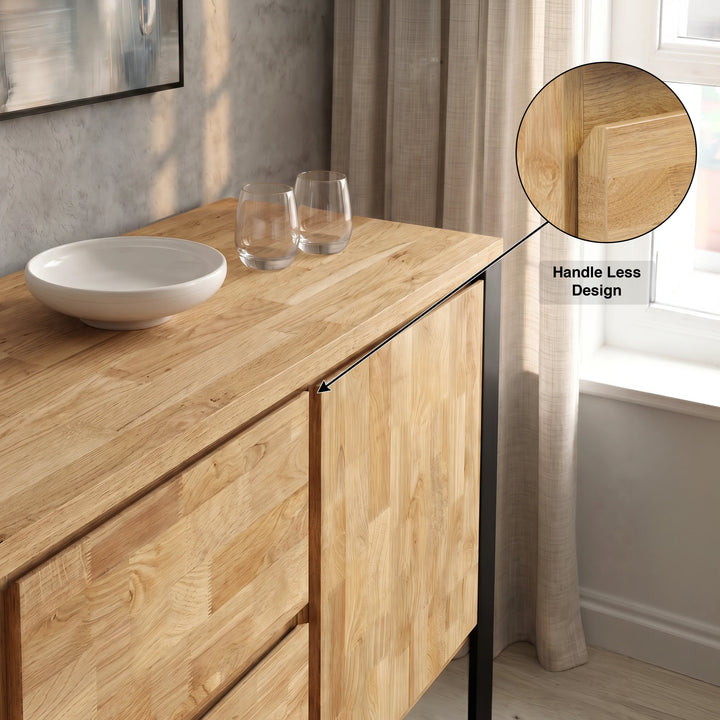 [Mango Wood Effect] Millwright industrial sideboard top corner with handleless door detail and dining pieces