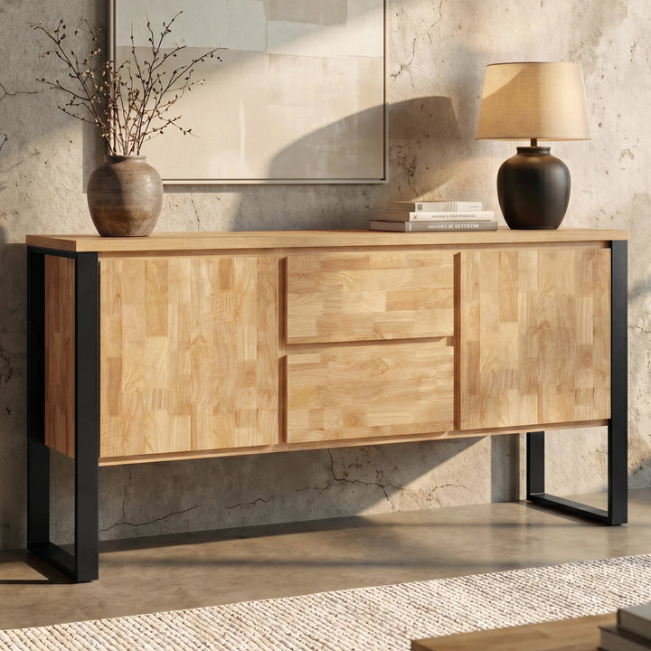 [Mango Wood Effect] Millwright industrial sideboard cabinet with 2 doors, 2 drawers and hanging effect in sunlit living room