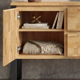 [Mango Wood Effect] Millwright industrial sideboard left cupboard open with shelf, books and folded throw