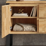 [Mango Wood Effect] Millwright industrial sideboard left cupboard open with shelf, books and folded throw