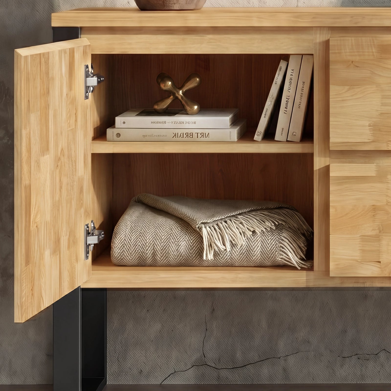 [Mango Wood Effect] Millwright industrial sideboard left cupboard open with shelf, books and folded throw
