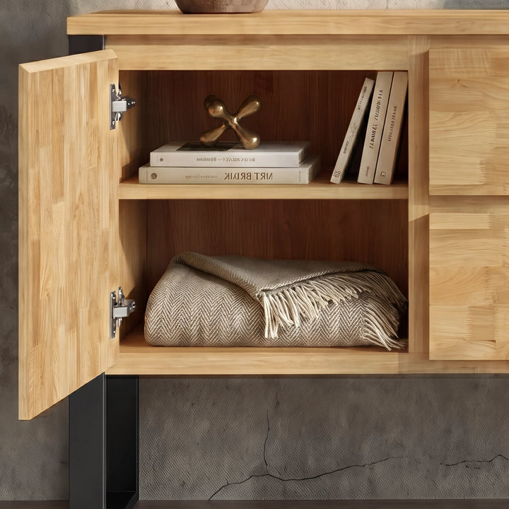 [Mango Wood Effect] Millwright industrial sideboard left cupboard open with shelf, books and folded throw
