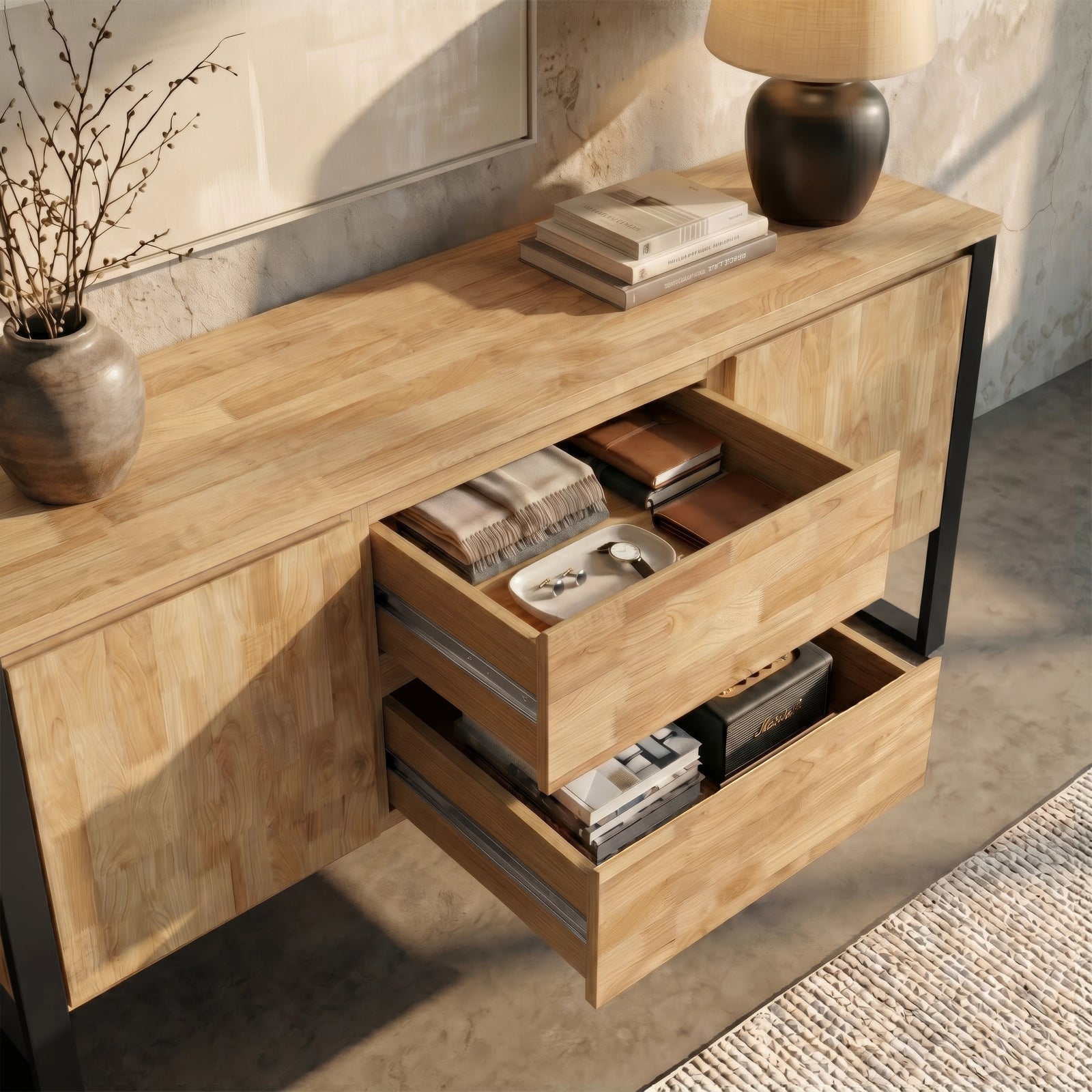 [Mango Wood Effect] Millwright industrial sideboard cabinet central handless drawers pulled out to show storage