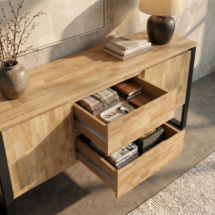 [Mango Wood Effect] Millwright industrial sideboard cabinet central handless drawers pulled out to show storage