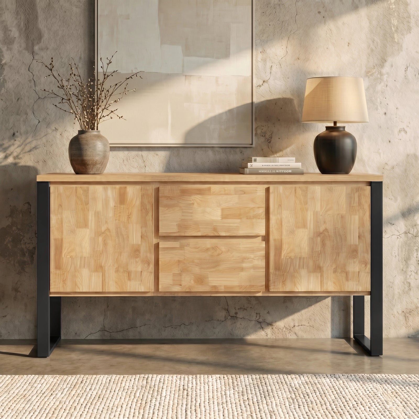 [Mango Wood Effect] Millwright industrial large sideboard cabinet straight front with doors, drawers, and hanging effect