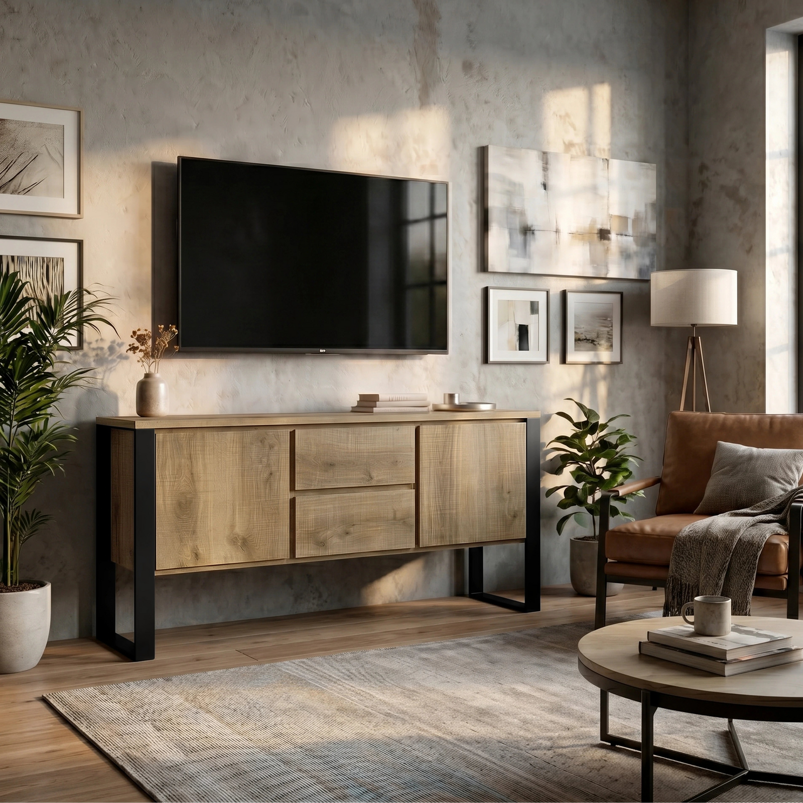 [Oak Effect] Modern living room with a television, oak effect industrial sideboard cabinet with drawers, and armchair.