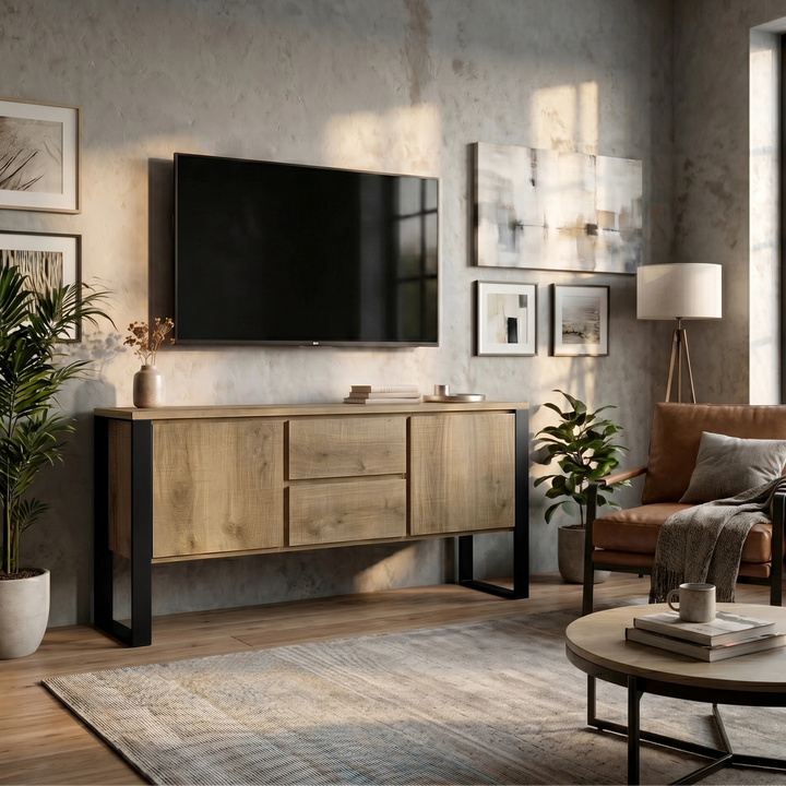 [Oak Effect] Modern living room with a television, oak effect industrial sideboard cabinet with drawers, and armchair.
