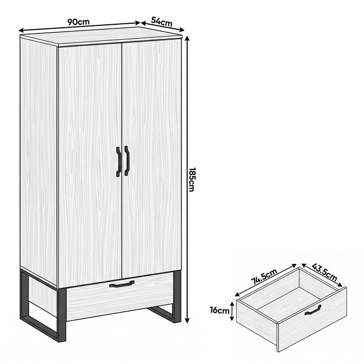 [Wooden Grey] Millwright 2 door wardrobe dimensions: 90W x54D x185H cm; drawer 74.5W x43.5D x16H cm