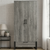 [Wooden Grey] Millwright industrial 2 door wardrobe front view with bottom drawer and black handles