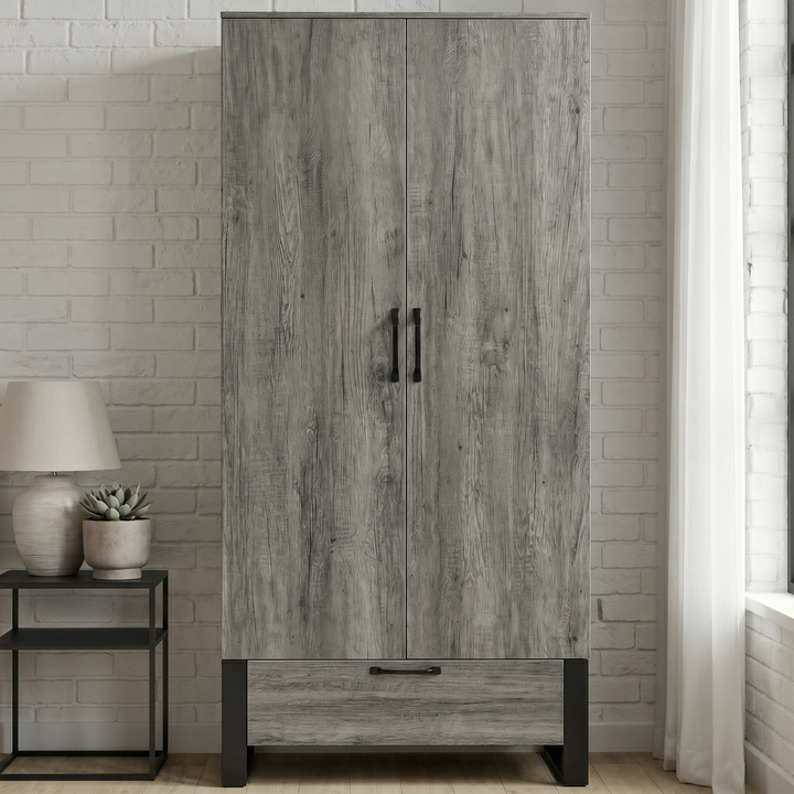 [Wooden Grey] Millwright industrial 2 door wardrobe front view with bottom drawer and black handles