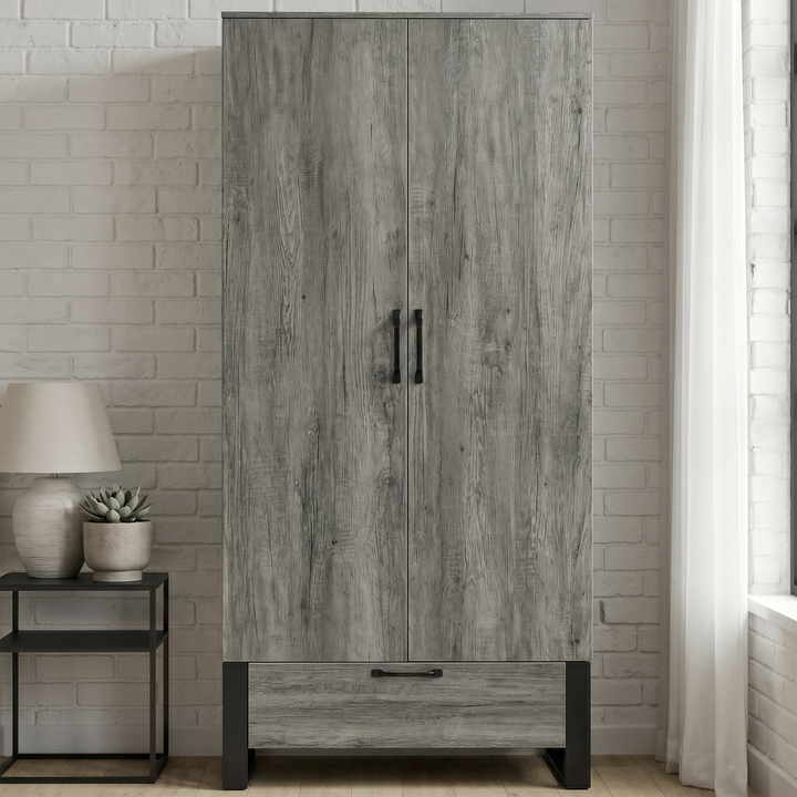 [Wooden Grey] Millwright industrial 2 door wardrobe with bottom drawer, black handles and raised frame hanging legs