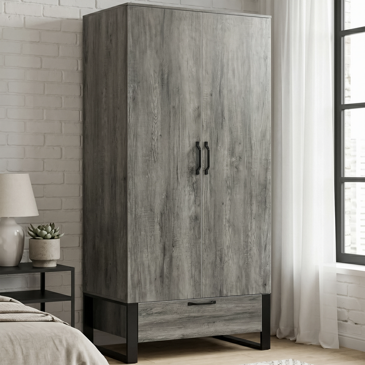 [Wooden Grey] Millwright industrial 2 door wardrobe shown in a room with black handles and raised frame