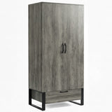 [Wooden Grey] Millwright 2 door wardrobe in angled studio view with bottom drawer and black frame legs