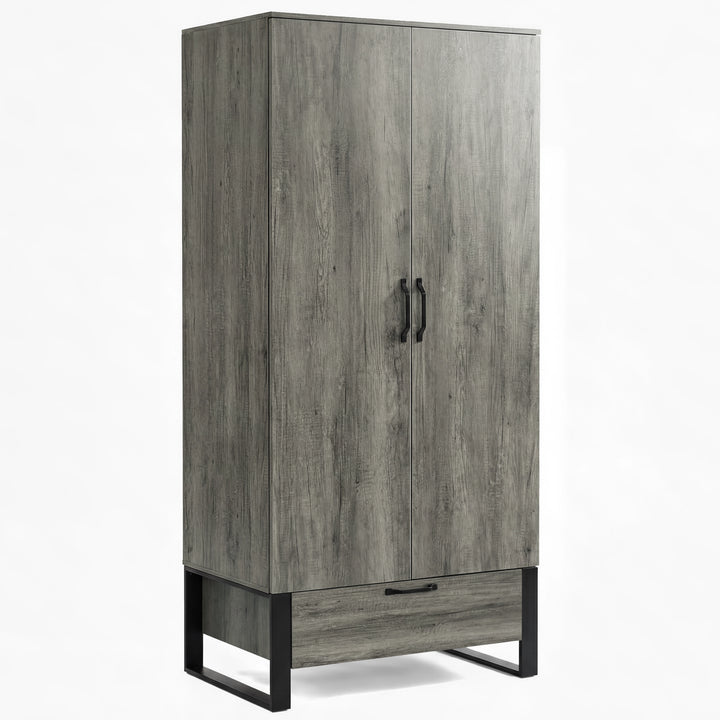 [Wooden Grey] Millwright 2 door wardrobe in angled studio view with bottom drawer and black frame legs
