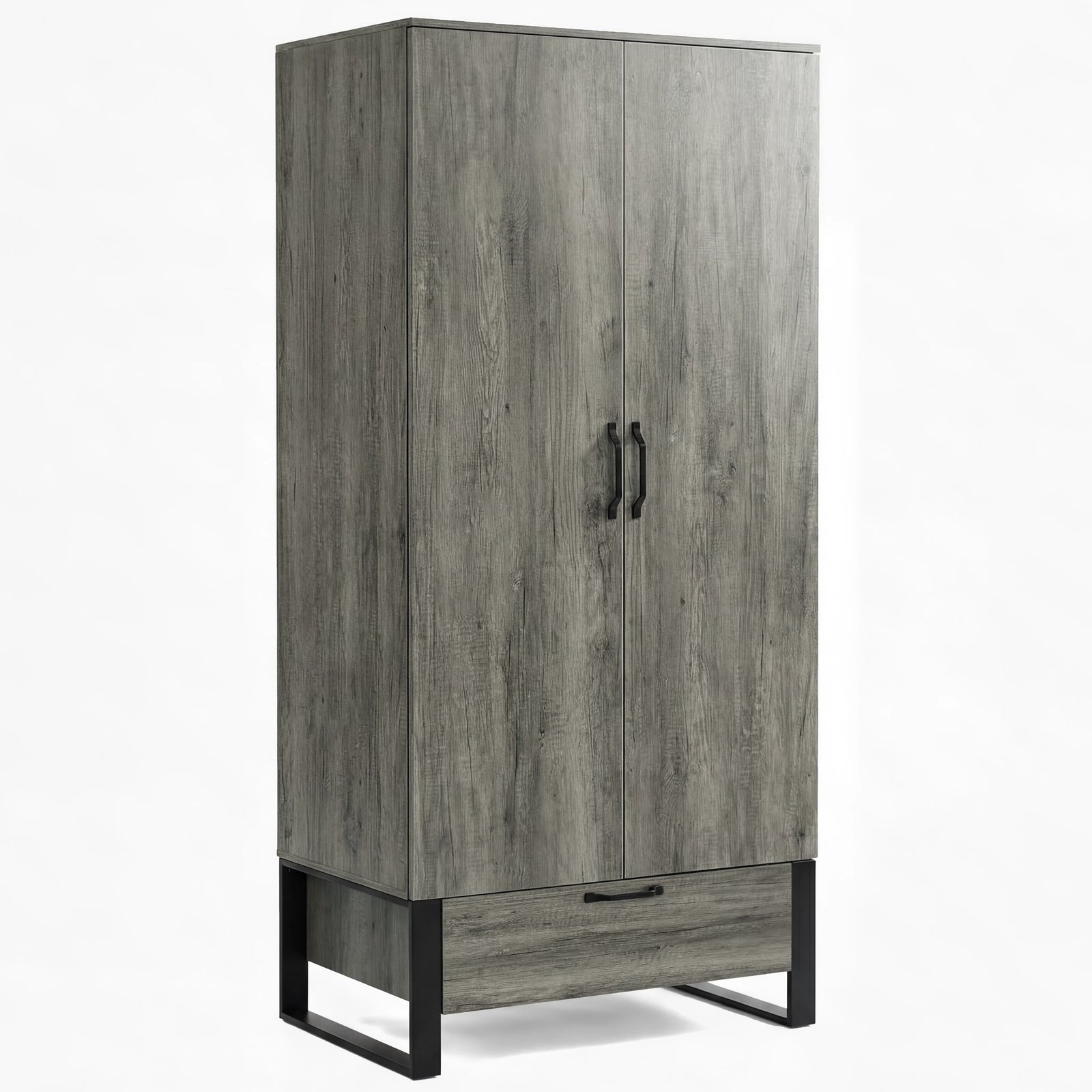 [Wooden Grey] Millwright 2 door wardrobe in angled studio view with bottom drawer and black frame legs