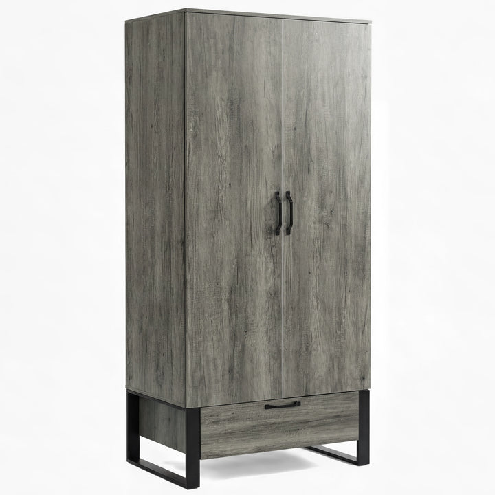 [Wooden Grey] Millwright 2 door wardrobe in angled studio view with bottom drawer and black frame legs