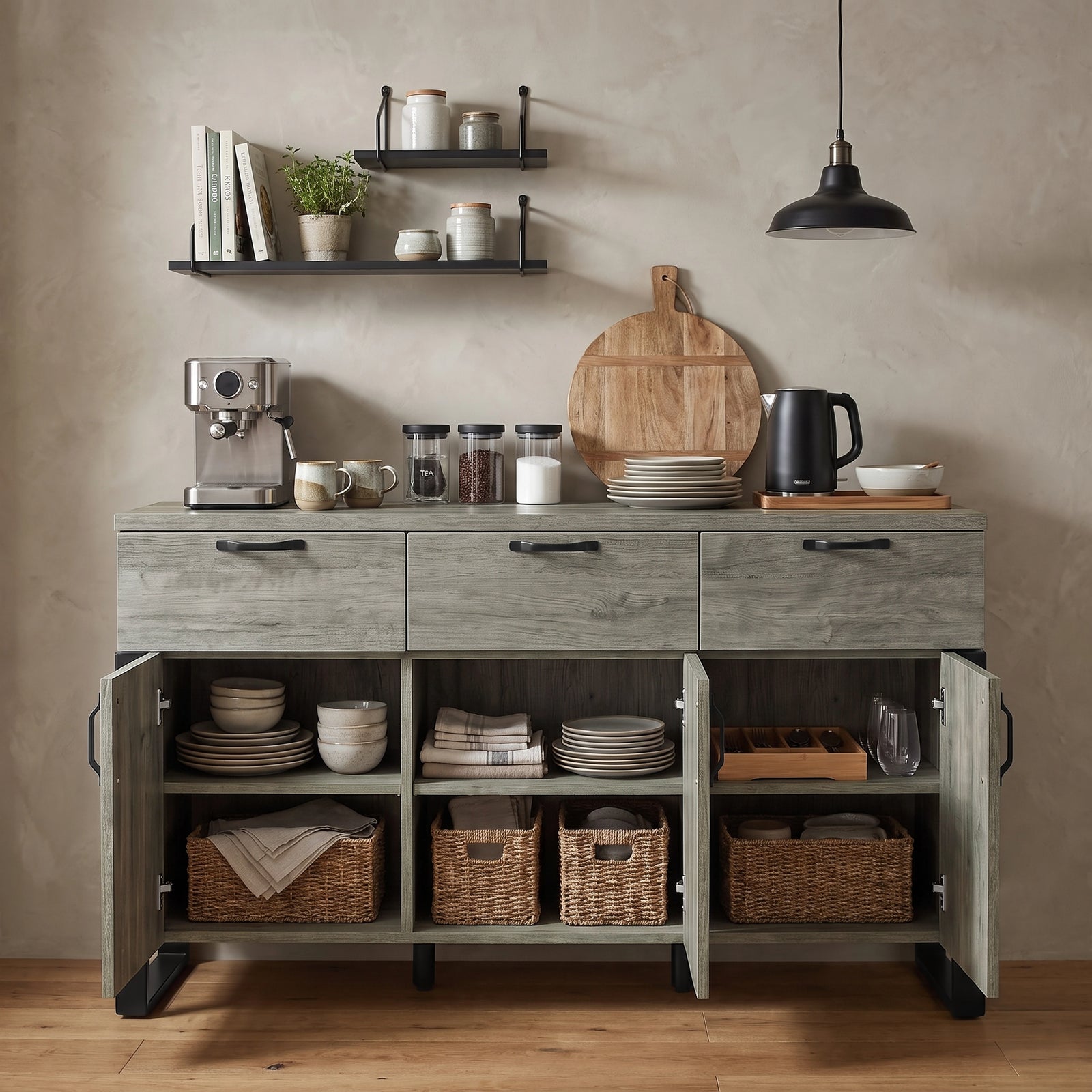 [Wooden Grey] Millwright 3 door sideboard open to show shelves, baskets, dishes and three top drawers